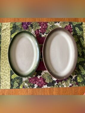 Set of 2 Vintage Oval Wallace China Serving Platters - Green & Taupe Rim